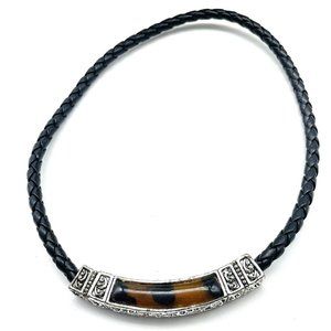 Filigree Bar Necklace Silver Tone Braided Black Faux Leather Faux Tortoise Shell